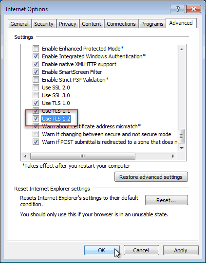 Enable Transport Layer Security (TLS) 1.2 in Internet Explorer