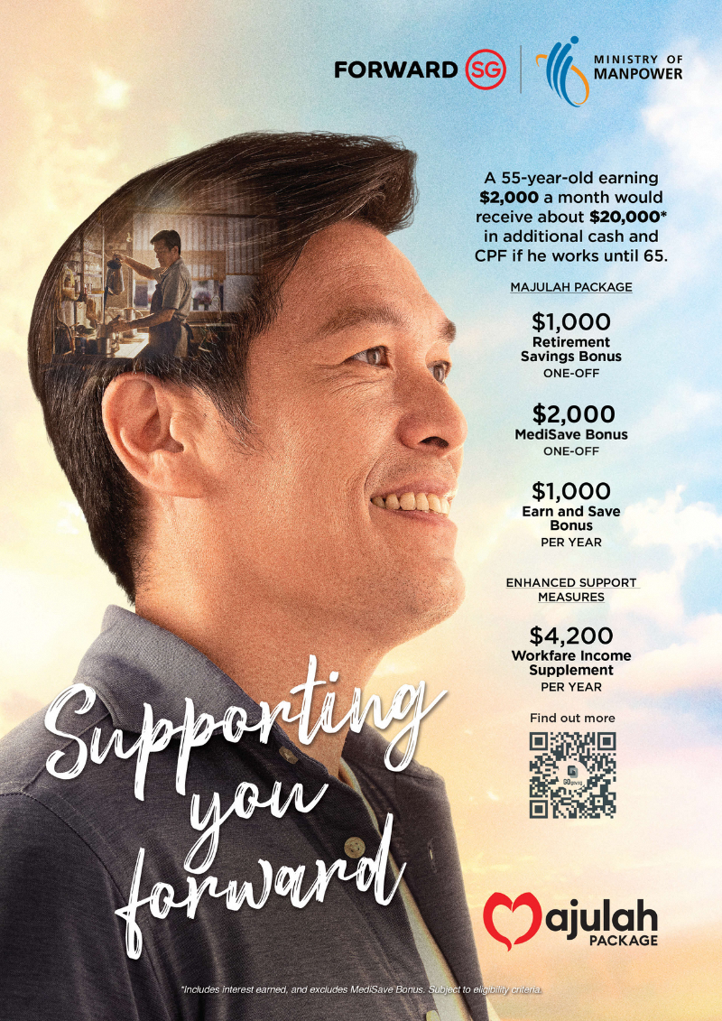 Majulah Package. Supporting you forward. A 55-year-old earning $2,000 a month would receive about $20,000 in additional cash and CPF if he works until 65. This includes interest earned, and excludes MediSave Bonus. Subject to eligibility criteria. Under Majulah Package, this member would receive the following: $1,000 one-off Retirement Savings Bonus. $2,000 one-off MediSave Bonus. $1,000 per year from the Earn and Save Bonus. Under the enhanced support measures, the member would also receive $4,200 per year in Workfare Income Supplement payments.