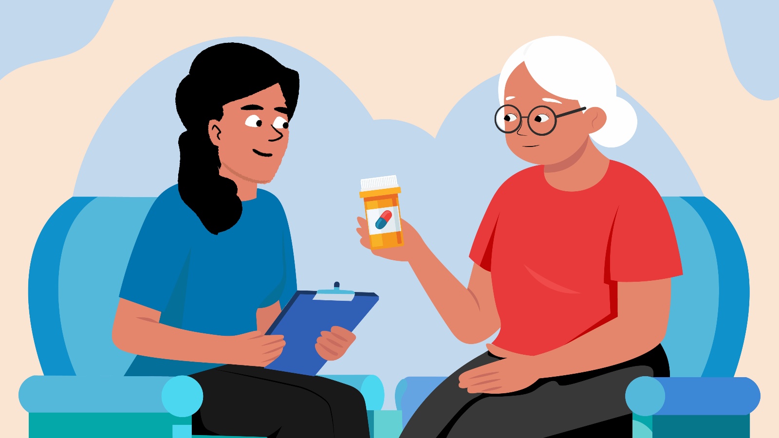 Illustration of MDW helping elderly person with medication