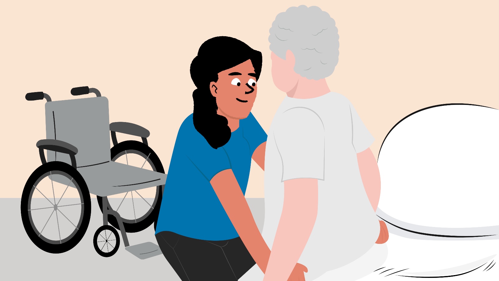 illustration of helper helping elderly person move to wheelchair